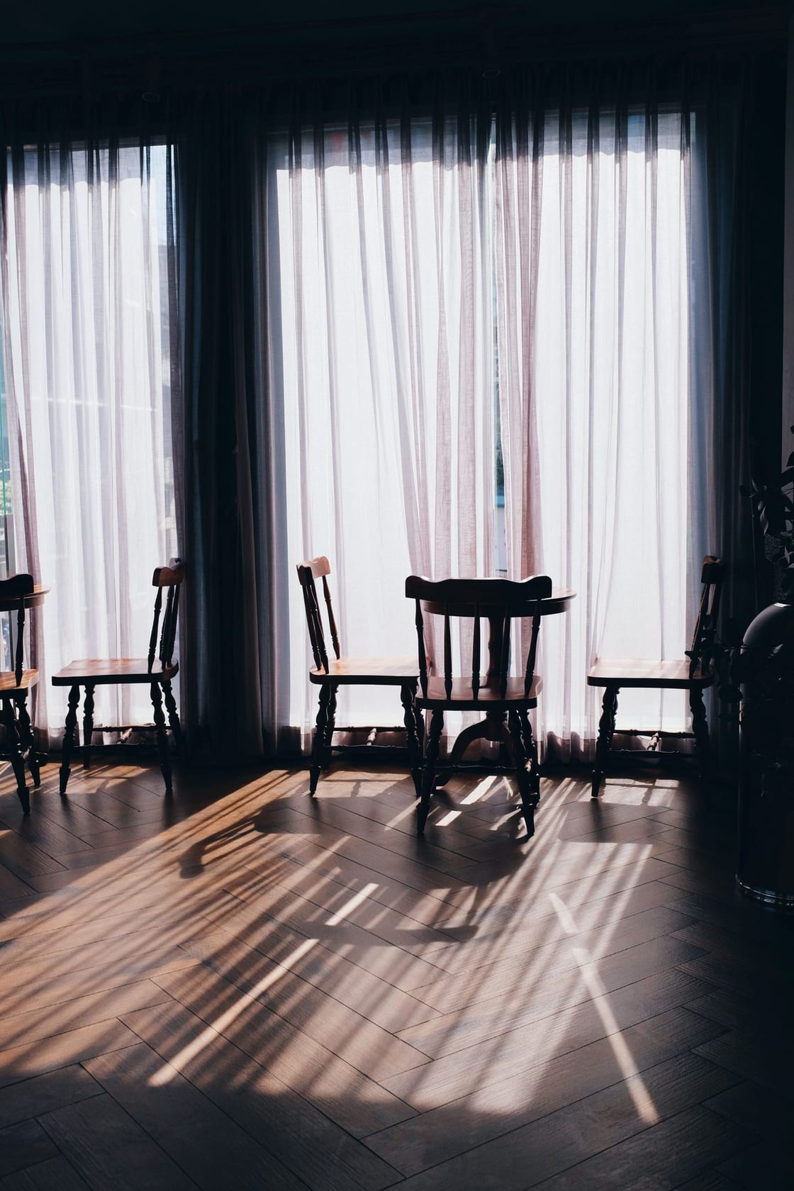 Empty chairs around a round wooden table in a quiet room, a potted plant at its centre and a shaft of morning sunlight falling across the wall and the wood floor