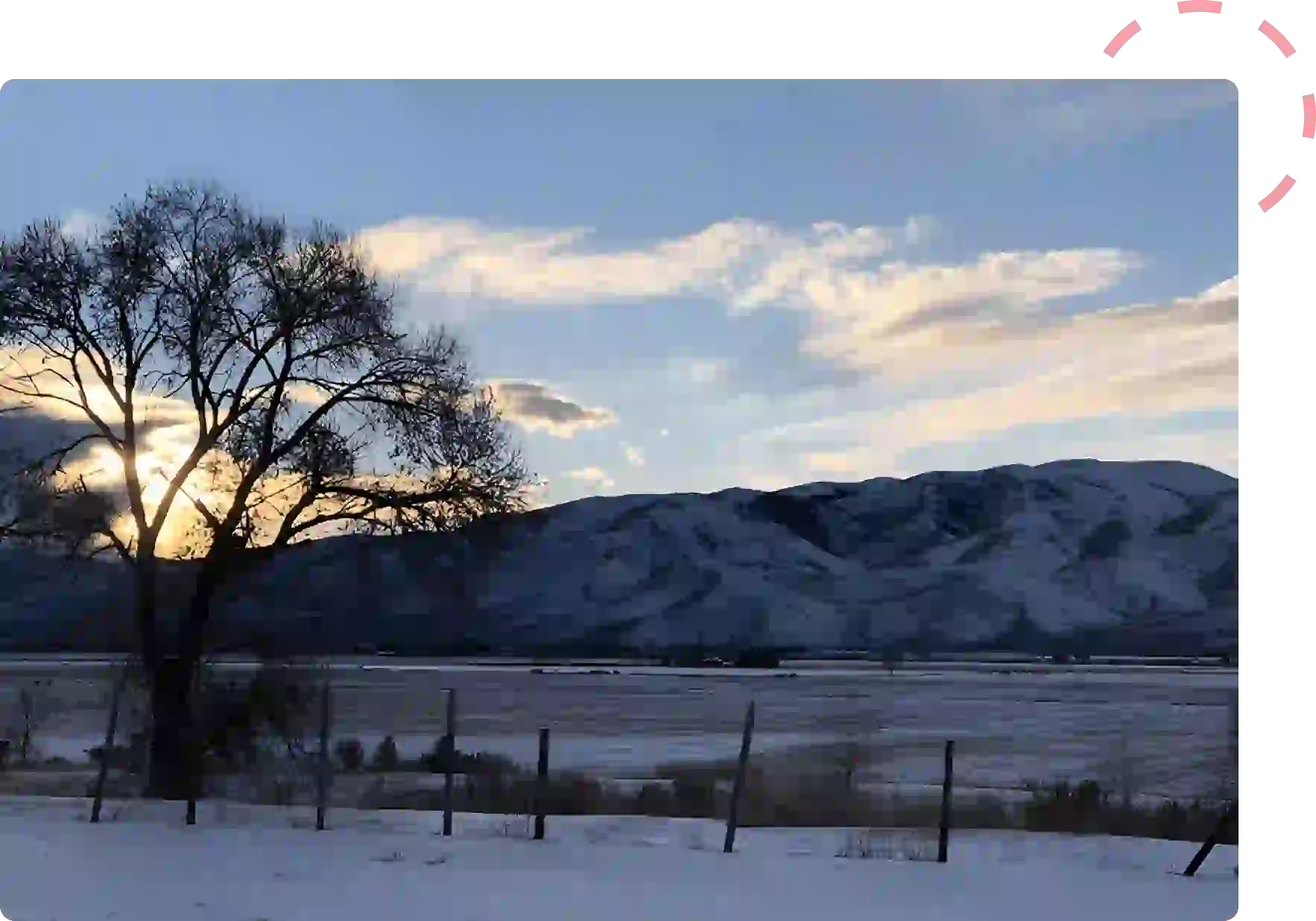 Snowy landscape with a tree and mountains at sunset.